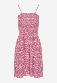 Born2be - Fuksjowa Bawełniana Sukienka na Regulowanych Ramiączkach z Elastycznym Dekoltem Risetta. Kolor: różowy. Materiał: bawełna. Długość rękawa: na ramiączkach. Wzór: kwiaty. Sezon: wiosna, lato #5