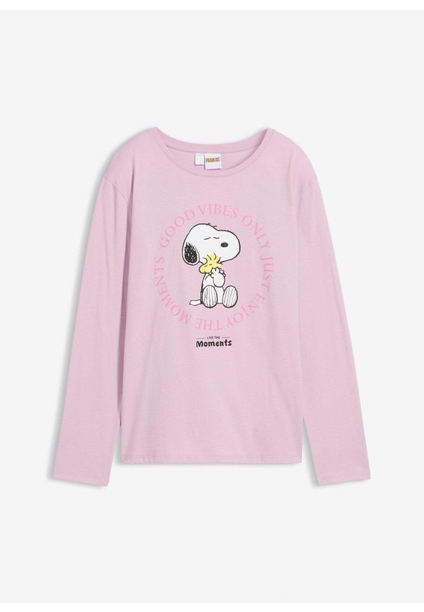bonprix - Koszulka z długim rękawem z motywem Snoopy z czystej bawełny. Kolor: fioletowy. Materiał: bawełna. Długość rękawa: długi rękaw. Długość: długie