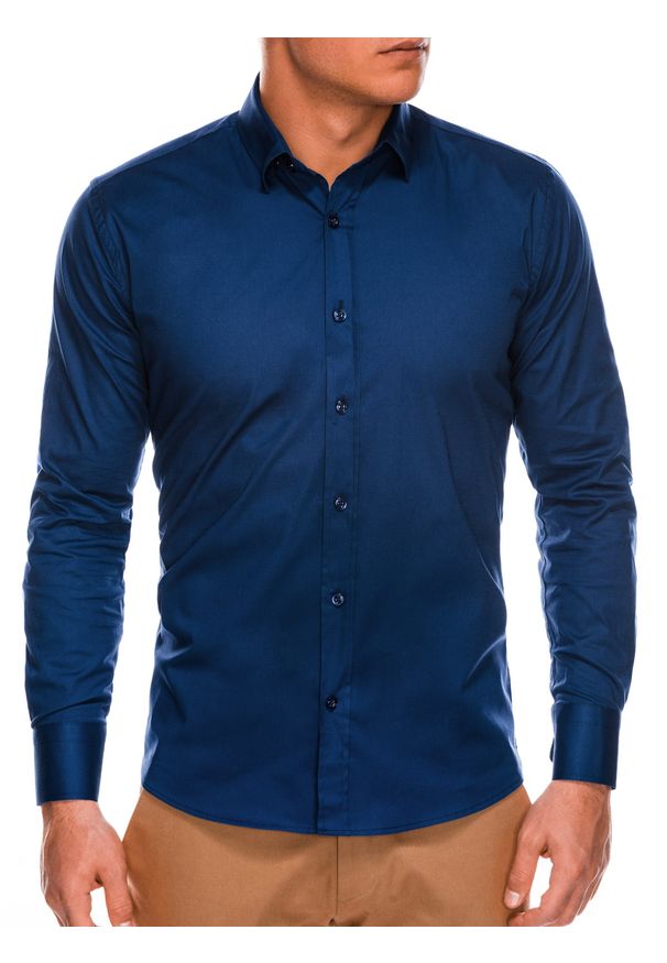 Ombre Clothing - Koszula męska slim z długim rękawem K504 - granatowa - XXL. Typ kołnierza: kołnierzyk klasyczny. Kolor: niebieski. Materiał: elastan, bawełna. Długość rękawa: długi rękaw. Długość: długie. Styl: klasyczny, elegancki