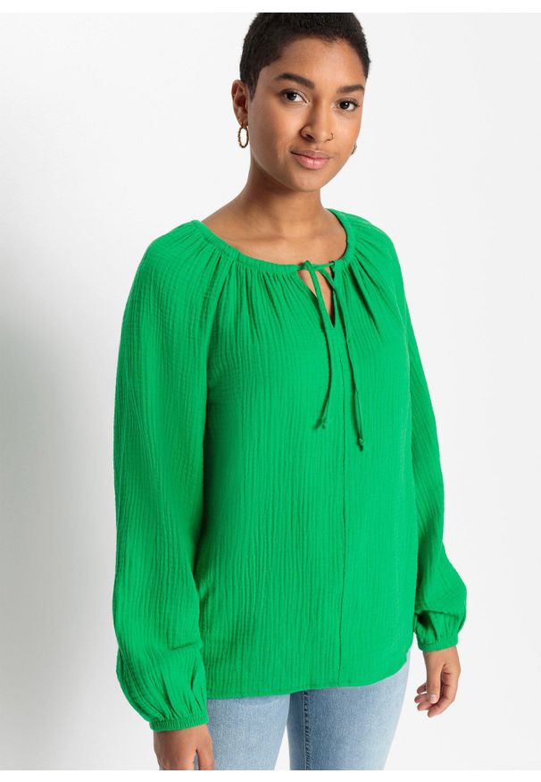 bonprix - Bluzka z przewiewnego muślinu. Kolor: zielony. Materiał: bawełna