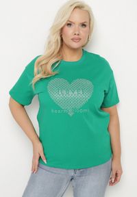 Born2be - Ciemnozielony Bawełniany T-shirt z Ozdobnym Nadrukiem i Napisem Ilenira. Kolekcja: plus size. Kolor: zielony. Materiał: bawełna. Wzór: napisy, nadruk