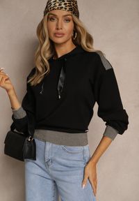 Renee - Czarna Bluza z Kapturem Ozdobiona Ściągaczami i Metaliczną Nitką Ulisiela. Okazja: na co dzień. Typ kołnierza: kaptur. Kolor: czarny. Materiał: jeans. Wzór: aplikacja. Styl: casual