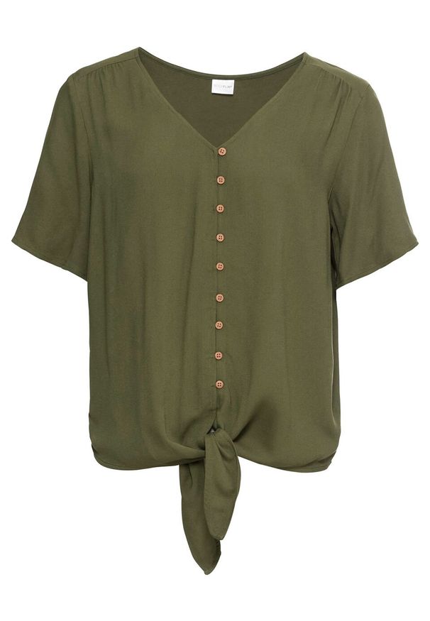 Bluzka z przewiązaniem bonprix ciemny khaki. Typ kołnierza: dekolt w serek. Kolor: zielony
