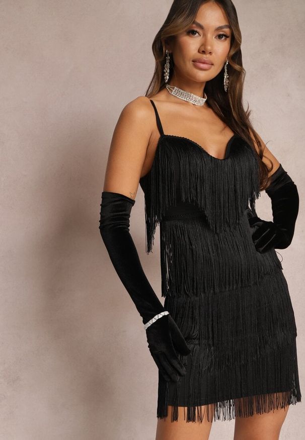 Renee - Czarne Długie Rękawiczki Welurowe Neginah. Kolor: czarny. Materiał: welur. Wzór: aplikacja, jednolity, gładki. Styl: elegancki