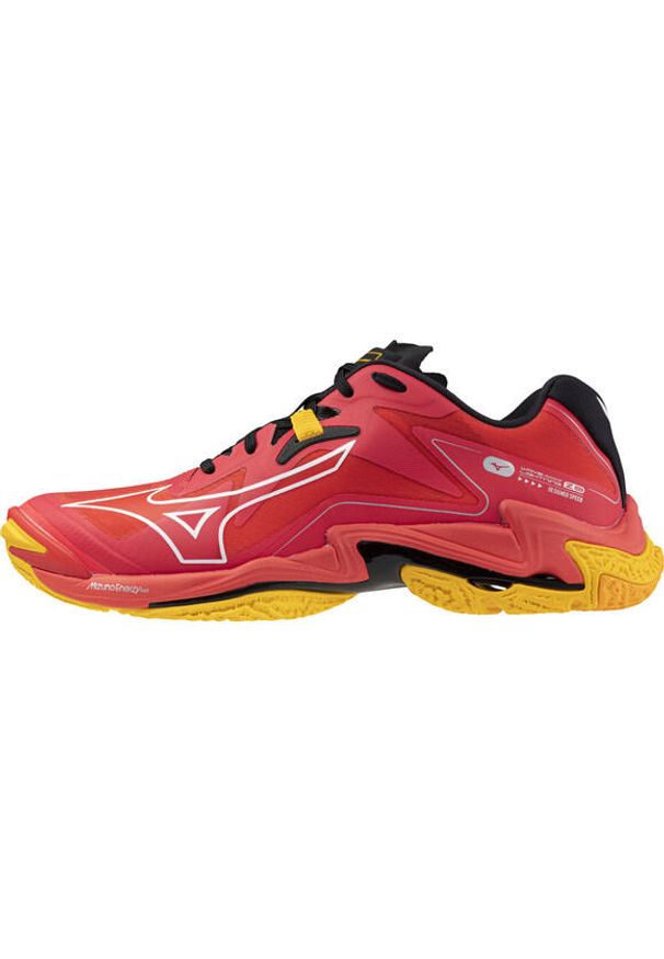 Buty siatkarskie męskie Mizuno Wave Lightning Z8. Zapięcie: sznurówki. Kolor: czerwony, biały, wielokolorowy. Materiał: tkanina, materiał, syntetyk. Szerokość cholewki: normalna. Model: Mizuno Wave