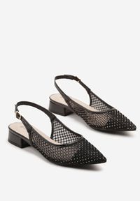 Born2be - Czarne Siateczkowe Sandały Slingback ze Skórzaną Wkładką Falwia. Okazja: na co dzień. Kolor: czarny. Materiał: skóra. Wzór: ażurowy, aplikacja. Obcas: na obcasie. Styl: casual, elegancki. Wysokość obcasa: średni