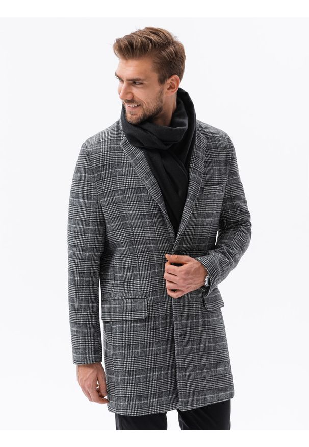 Ombre Clothing - Jednorzędowy płaszcz męski w kratę - czarny V2 - Rozmiar: XXL. Kolor: czarny. Materiał: akryl, poliester