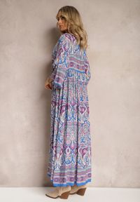 Renee - Niebiesko-Fioletowa Rozkloszowana Sukienka we Wzór Paisley z Rękawem 3/4 Briarwa. Okazja: na co dzień. Kolor: niebieski. Wzór: paisley. Styl: casual, elegancki