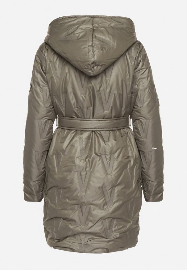 Born2be - Zielona Kurtka z Pikowanymi Przeszyciami Kapturem i Wiązanym Paskiem Erlexie. Okazja: na spotkanie biznesowe, na co dzień, na spacer, do pracy. Kolor: zielony. Materiał: dzianina, jeans. Styl: biznesowy, casual, klasyczny