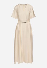 Born2be - Beżowa Wiskozowa Sukienka z Lnem o Rozkloszowanym Kroju z Paskiem z Klamerką Linalin. Okazja: na co dzień. Typ kołnierza: dekolt w serek. Kolor: beżowy. Materiał: len, wiskoza. Długość rękawa: krótki rękaw. Styl: klasyczny, casual, elegancki #7