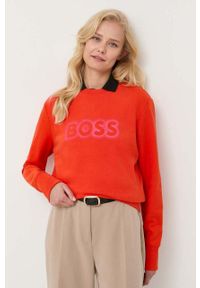 BOSS bluza bawełniana damska kolor pomarańczowy z nadrukiem. Kolor: pomarańczowy. Materiał: bawełna. Wzór: nadruk