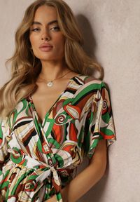 Renee - Zielona Wzorzysta Sukienka Midi z Gumką w Talii z Wiskozy Angelett. Okazja: na co dzień. Kolor: zielony. Materiał: wiskoza. Typ sukienki: kopertowe. Styl: casual. Długość: midi #5