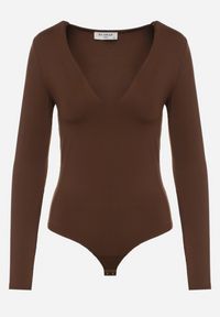 Born2be - Brązowe Body z Okrągłym Dekoltem i Długim Rękawem Zailea. Okazja: na co dzień, do pracy. Kolor: brązowy. Materiał: jeans, materiał. Długość rękawa: długi rękaw. Długość: długie. Styl: casual, klasyczny #5