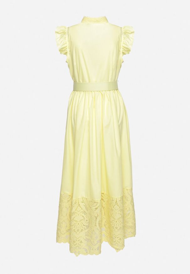 Born2be - Żółta Sukienka Ażurowa o Koszulowym Kroju z Paskiem z Ekoskóry Trija. Okazja: na imprezę, na co dzień. Kolor: żółty. Wzór: ażurowy. Typ sukienki: koszulowe. Styl: casual, elegancki