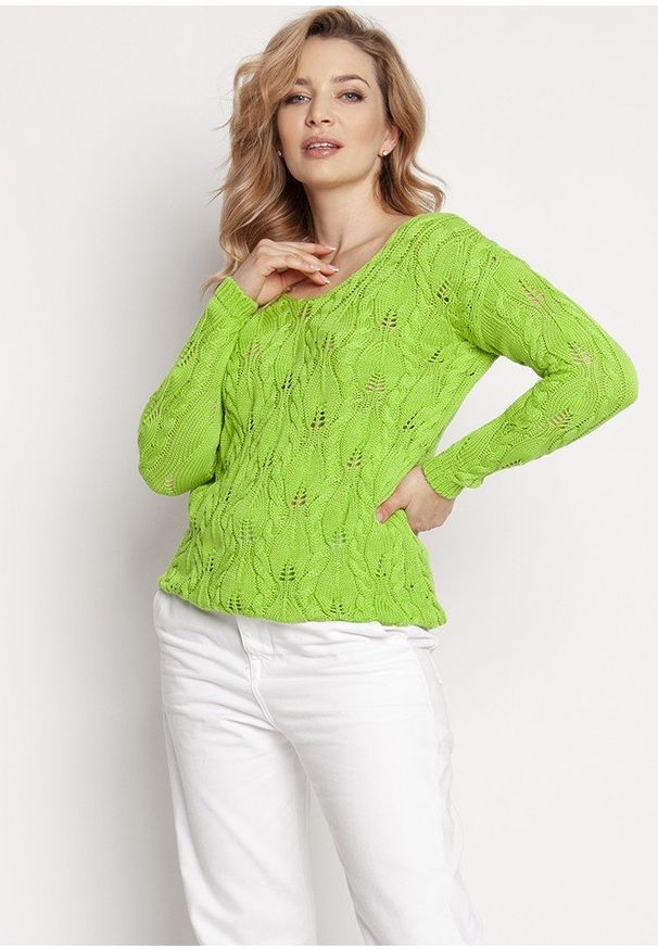 MKM - Kobiecy Ażurowy Sweter - Zielony. Kolor: zielony. Materiał: akryl, bawełna. Wzór: ażurowy