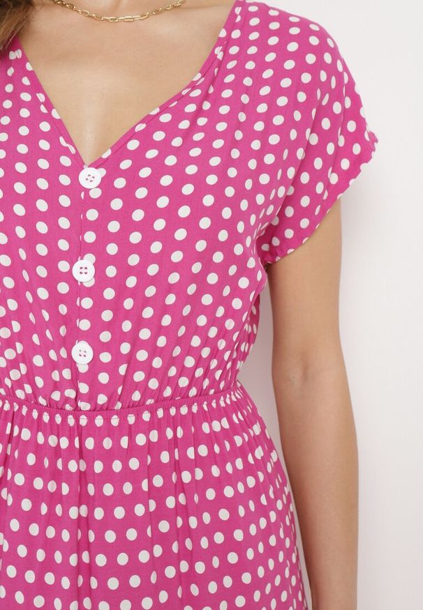 Born2be - Różowa Bawełniana Sukienka z Gumką w Pasie i Falbanką Romilla. Kolor: różowy. Materiał: bawełna. Sezon: lato. Styl: wizytowy