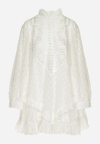 Born2be - Biała Trapezowa Sukienka Mini z Ażurowym Wzorem i Falbankami Virenia. Typ kołnierza: kołnierz z falbankami. Kolor: biały. Wzór: ażurowy. Typ sukienki: trapezowe. Długość: mini #6