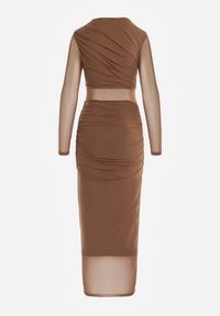 Renee - Brązowa Siateczkowa Sukienka Maxi o Dopasowanym Kroju Kremse. Kolor: brązowy. Materiał: wiskoza. Typ sukienki: sportowe. Styl: klasyczny, sportowy. Długość: maxi #4