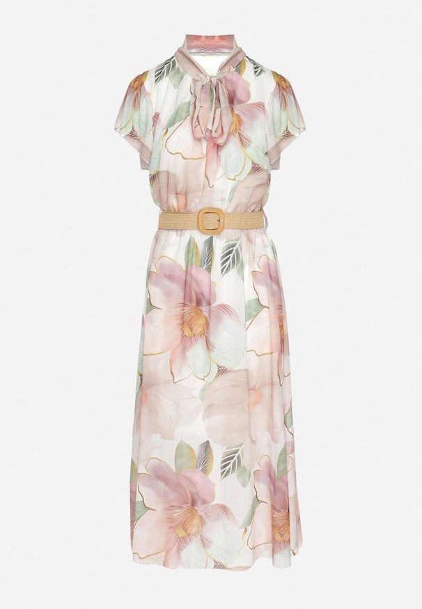 Born2be - Beżowa Sukienka o Rozkloszowanym Kroju z Wiązaniem przy Dekolcie i Paskiem Sorilina. Okazja: na co dzień. Kolor: beżowy. Długość rękawa: krótki rękaw. Wzór: kwiaty. Styl: casual, elegancki