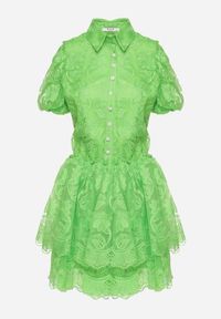 Born2be - Zielona Koronkowa Sukienka Mini w Kwiaty z Bufiastymi Rękawami Cervi. Kolor: zielony. Materiał: koronka. Wzór: kwiaty. Długość: mini #5