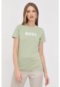 BOSS t-shirt bawełniany kolor zielony. Kolor: zielony. Materiał: bawełna. Długość rękawa: krótki rękaw. Długość: krótkie. Wzór: nadruk
