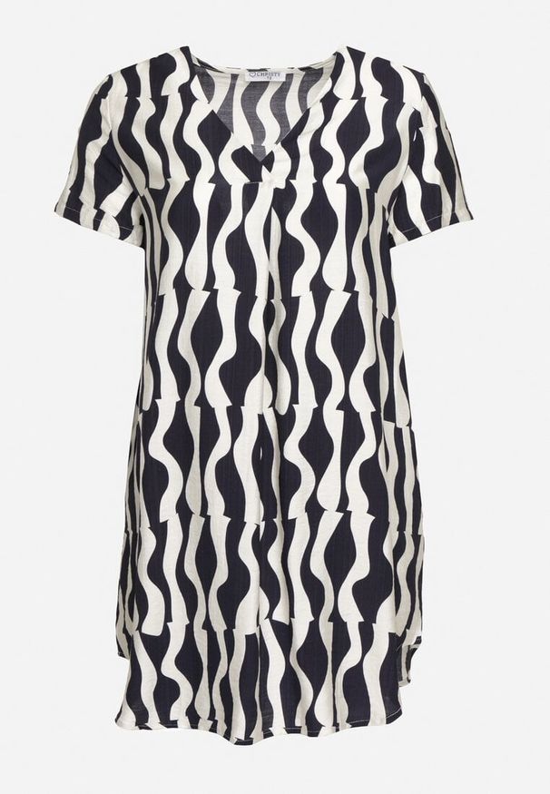 Born2be - Granatowo-Biała Rozkloszowana Sukienka z Dekoltem w Serek Vikisora. Okazja: na co dzień, na spotkanie biznesowe, na randkę, do pracy. Typ kołnierza: dekolt w serek. Kolor: niebieski. Materiał: tkanina, wiskoza. Sezon: lato. Typ sukienki: sportowe. Styl: biznesowy, elegancki, casual, klasyczny, sportowy