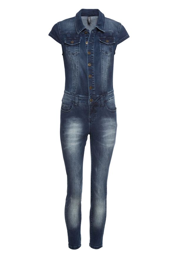 Kombinezon dżinsowy z guzikami bonprix ciemnoniebieski denim. Kolor: niebieski. Materiał: denim. Styl: elegancki