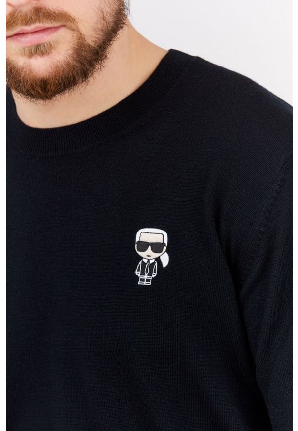 Karl Lagerfeld - KARL LAGERFELD Czarny sweter męski z wełny merino, Rozmiar S. Typ kołnierza: dekolt w karo. Kolor: czarny. Materiał: wełna
