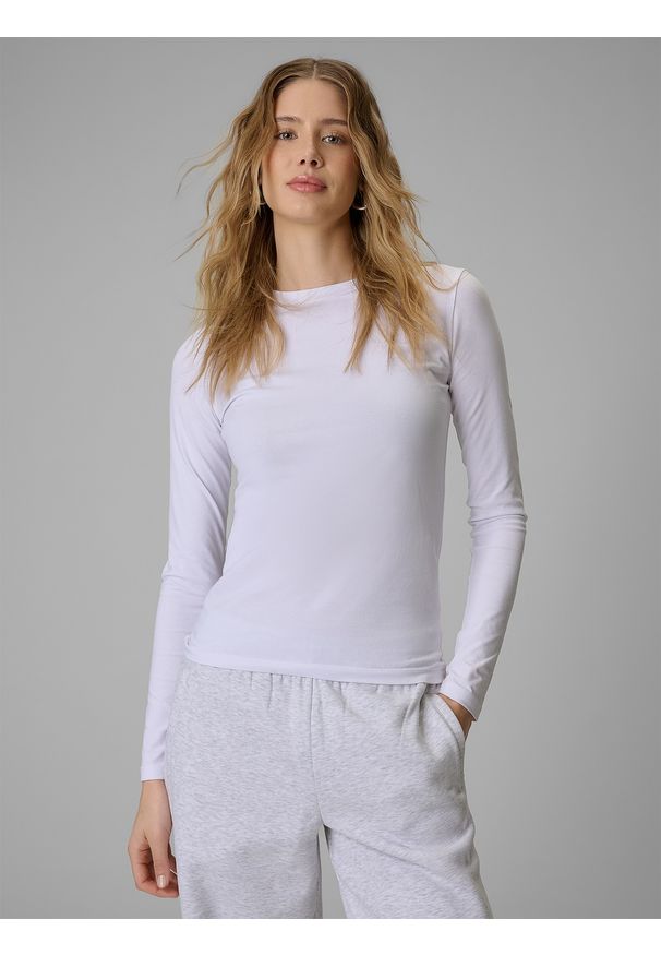 4f - 4F Longsleeve slim gładki damski - biały XL. Okazja: na co dzień. Kolor: biały. Materiał: bawełna, elastan, dzianina. Długość rękawa: długi rękaw. Wzór: gładki. Styl: casual, klasyczny