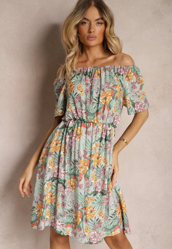 Renee - Niebiesko-Pomarańczowa Sukienka z Bawełny w Kwiatowy Print Dimizama. Okazja: na co dzień. Kolor: niebieski. Materiał: bawełna. Długość rękawa: krótki rękaw. Wzór: kwiaty, nadruk. Sezon: lato. Typ sukienki: proste. Styl: elegancki, casual