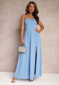 Renee - Niebieska Rozkloszowana Sukienka Maxi na Cienkich Ramiączkach z Rozporkiem Weslyn. Kolor: niebieski. Długość rękawa: na ramiączkach. Typ sukienki: rozkloszowane. Długość: maxi #1