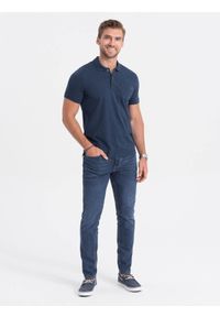 Ombre Clothing - T-shirt męski polo z ozdobnymi guzikami - ciemnoniebieska V8 S1744 - L. Typ kołnierza: polo. Kolor: niebieski. Materiał: bawełna, dzianina