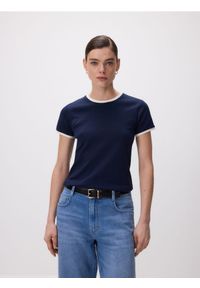 Reserved - T-shirt z kontrastową lamówką - granatowy. Kolor: niebieski. Materiał: bawełna #1