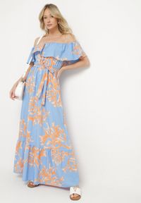 Born2be - Niebieska Sukienka Hiszpanka o Rozkloszowanym Kroju z Wiązanym Paskiem Sesiniela. Okazja: na co dzień. Typ kołnierza: dekolt hiszpanka. Kolor: niebieski. Typ sukienki: rozkloszowane. Styl: casual, elegancki #5