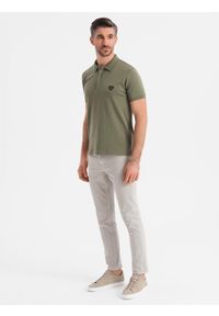 Ombre Clothing - Męska koszulka polo z dekoltem na zamek - oliwkowa V5 - Rozmiar: XXL. Okazja: na co dzień. Typ kołnierza: polo. Kolor: oliwkowy. Materiał: bawełna, elastan, dzianina. Styl: sportowy, casual, elegancki #10