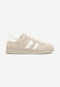 Born2be - Beżowe Sneakersy z Ozdobnymi Paskami i Haftowanymi Kwiatami Malunea. Okazja: na co dzień. Zapięcie: pasek. Kolor: beżowy. Materiał: jeans. Wzór: kwiaty, haft. Obcas: na obcasie. Wysokość obcasa: niski #6
