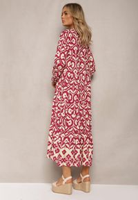 Renee - Beżowo-Bordowa Koszulowa Sukienka Ozdobiona Ornamentalnym Printem Crypta. Kolor: beżowy. Materiał: tkanina. Wzór: nadruk, aplikacja. Typ sukienki: koszulowe #2