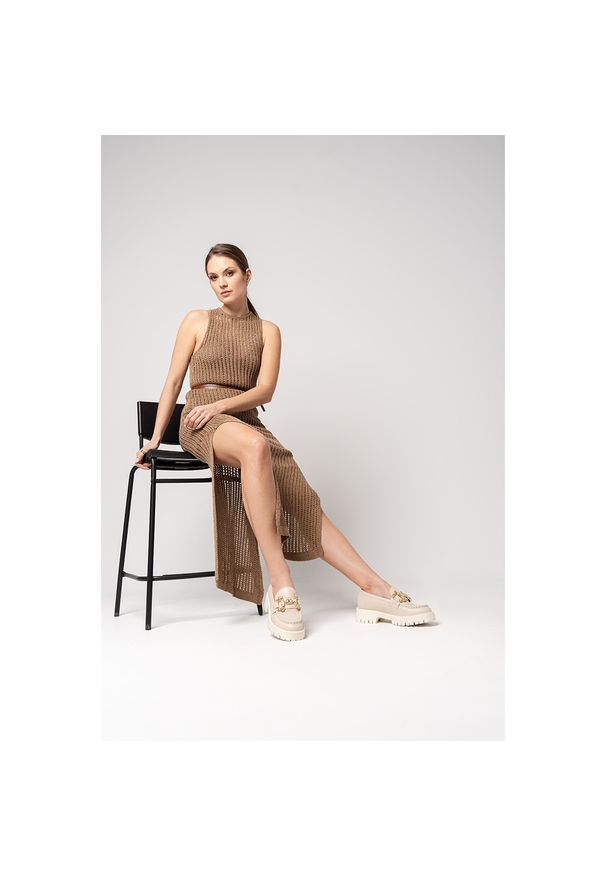 CheBello - Beżowe Mokasyny Chebello Eleganckie Obuwie Damskie. Kolor: beżowy. Materiał: jeans. Styl: elegancki