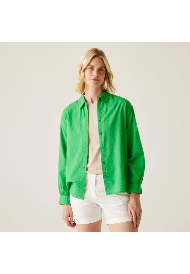 Regatta - Koszula turystyczna damska Primevere. Kolor: zielony. Materiał: bawełna, len. Sport: turystyka piesza