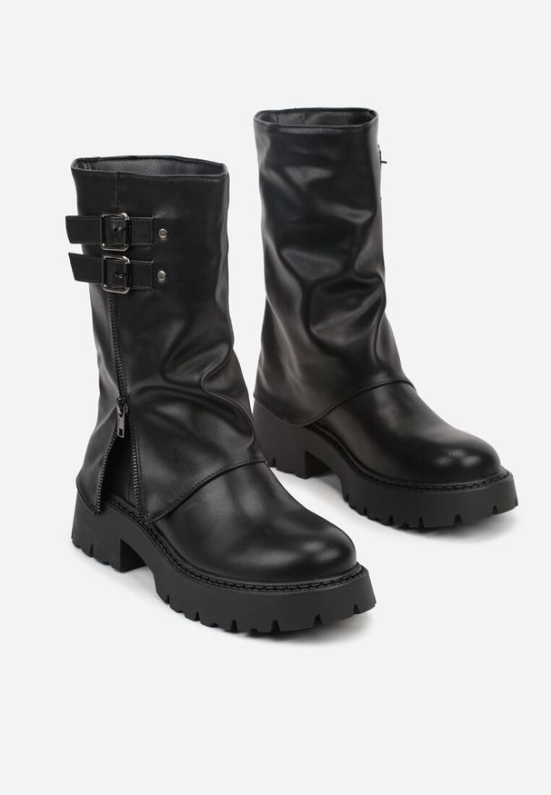 Renee - Czarne Botki Biker Boots VICES ze Sprzączkami i Cholewką Imitującą Nogawkę Anevita. Zapięcie: sprzączka. Kolor: czarny. Materiał: skóra, koronka, jeans. Szerokość cholewki: normalna. Styl: rockowy