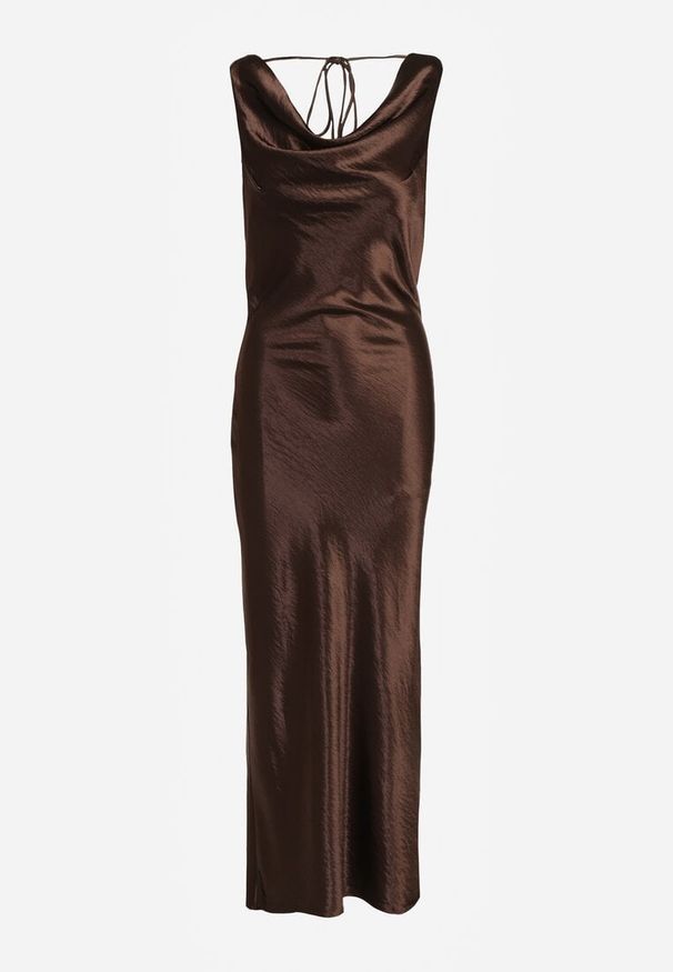 Renee - Brązowa Satynowa Wiskozowa Sukienka Koktajlowa z Bawełną Deleisana. Kolor: brązowy. Materiał: wiskoza, satyna, bawełna. Styl: wizytowy