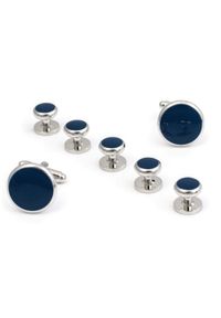 Modini - Srebrne spinki i guziki jubilerskie z granatowym oczkiem do koszuli smokingowej- zestaw H18. Kolor: srebrny, wielokolorowy, niebieski #1