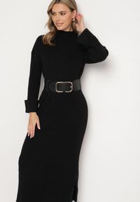 Born2be - Czarna Sweterkowa Sukienka z Wiskozą i Wywiniętymi Rękawami Gebiga. Okazja: na co dzień. Kolor: czarny. Materiał: wiskoza. Styl: klasyczny, elegancki, casual #4