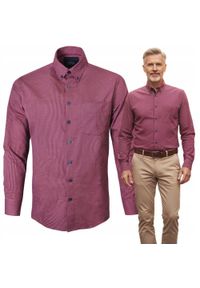 Delikatnie Taliowana Koszula Weekendowa - Pako Jeans - Malinowa, Drobny Wzór. Okazja: na co dzień. Kolor: czerwony. Materiał: bawełna. Styl: casual #4
