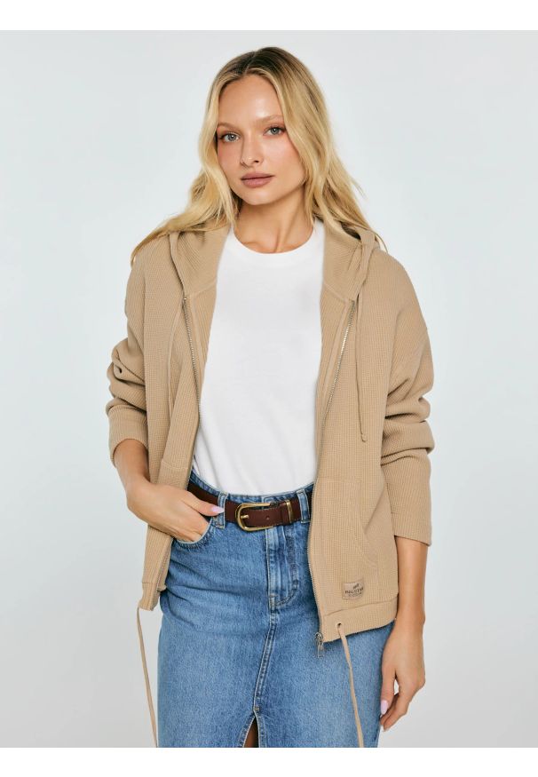 Big-Star - Bluza damska rozpinana z kapturem beżowa Grala 801. Okazja: na co dzień. Typ kołnierza: kaptur. Kolor: beżowy. Materiał: dzianina, żakard. Wzór: aplikacja, ze splotem. Styl: casual, elegancki