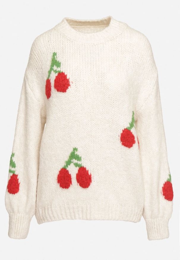 Born2be - Jasnobeżowy Sweter o Prostym Kroju z Domieszką Wełny Zdobiony Aplikacją w Wisienki Rinarea. Okazja: na co dzień, na spacer, do pracy. Kolor: beżowy. Materiał: wełna. Długość rękawa: długi rękaw. Długość: długie. Wzór: aplikacja. Sezon: zima, jesień. Styl: elegancki, klasyczny, casual