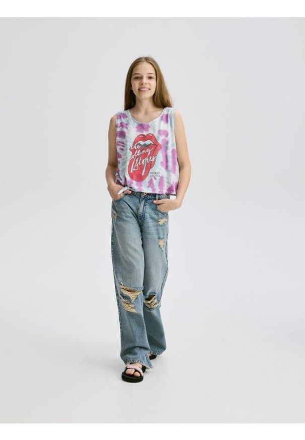 Reserved - Jeansy super wide leg z przetarciami - indigo jeans