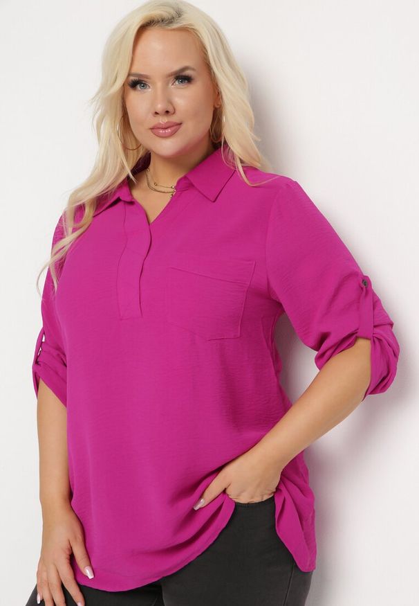 Born2be - Fuksjowa Bluzka Koszulowa z Kołnierzykiem i Wsuwaną Kieszonką Tafeta. Kolor: różowy. Materiał: jeans. Długość rękawa: długi rękaw. Długość: długie. Styl: elegancki, klasyczny