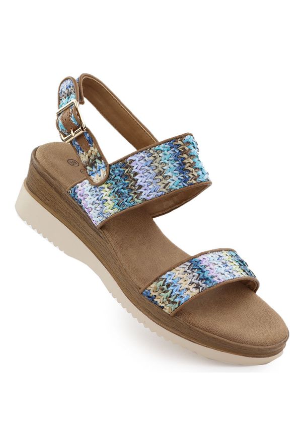 POTOCKI - Sandały damskie na koturnie niebieska plecionka Potocki 45302. Kolor: niebieski. Materiał: materiał. Obcas: na koturnie