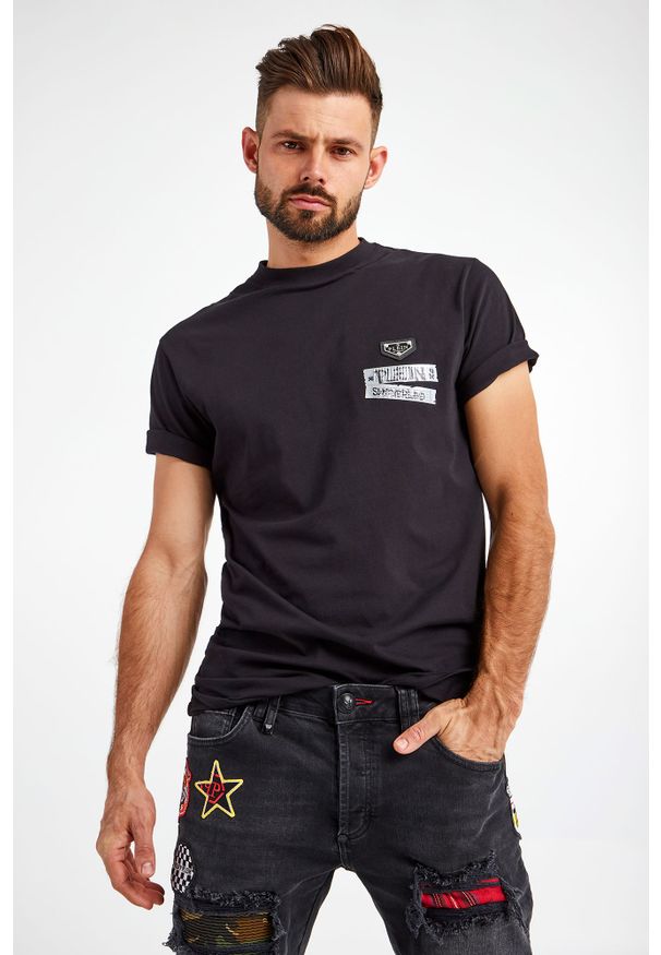 Philipp Plein - T-SHIRT PHILIPP PLEIN. Materiał: skóra. Wzór: napisy, aplikacja, nadruk